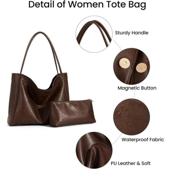 Tote Bag Coffe Color for Women 2 Pcs Large Casual Soft Vegan Leather For Women - Picture 5 of 6